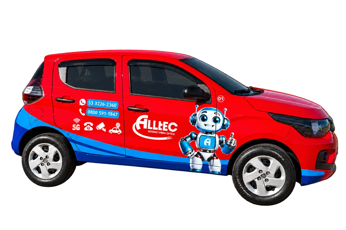 Carro vermelho e azul da Alltec, com vidros escurecidos, logomarca e mascote da empresa